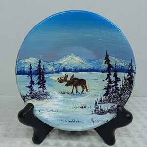 Hand-Painted Moose Scene On Metal Saucer Signed J.Anderson